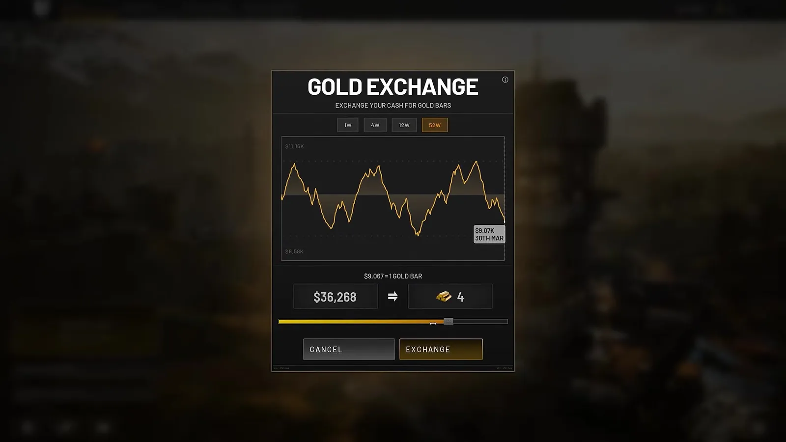 Pantalla de canje del dinero de temporada por Gold Bars antes del wipe