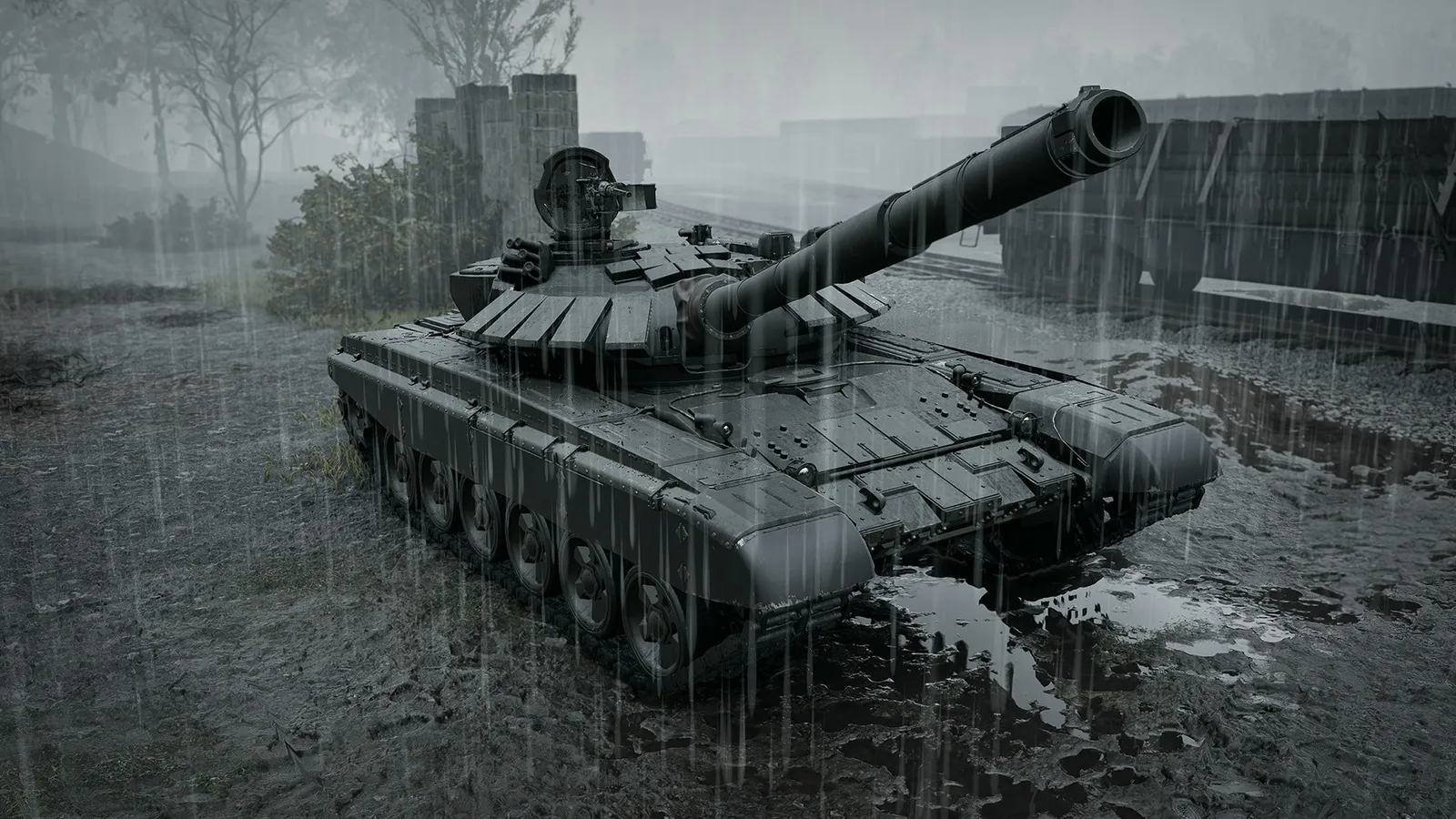 Tanque T-72 de cañón largo en una carretera mojada